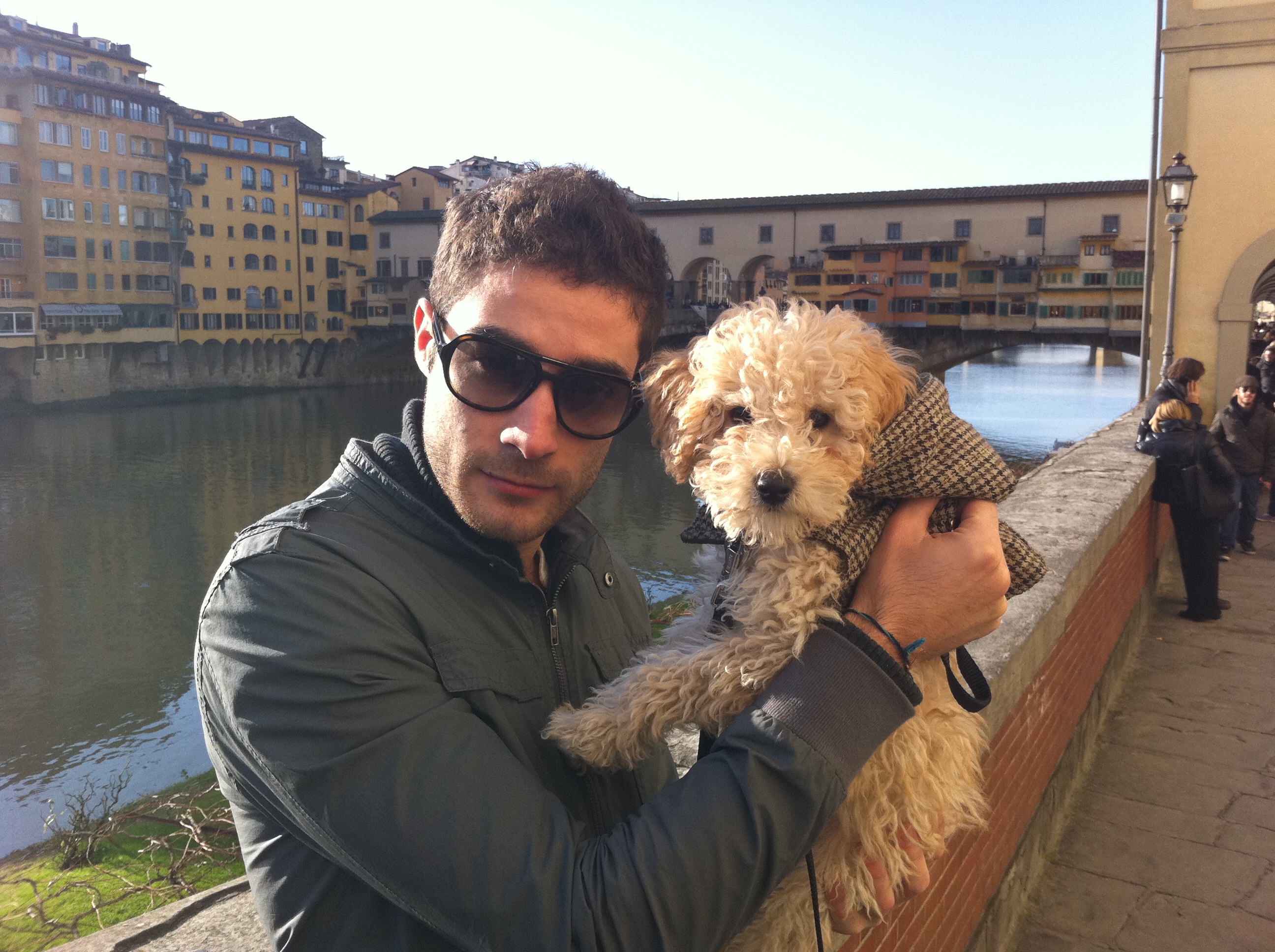 Demon puppy, Francesco and the famous Ponte Vecchio bridge in the background. 